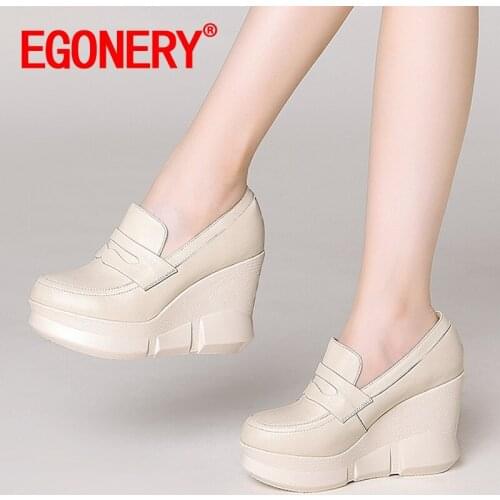 EGONERY autumn new pattern slope heel round toe women shoes concise comfortable ventilation mature fashion platform
