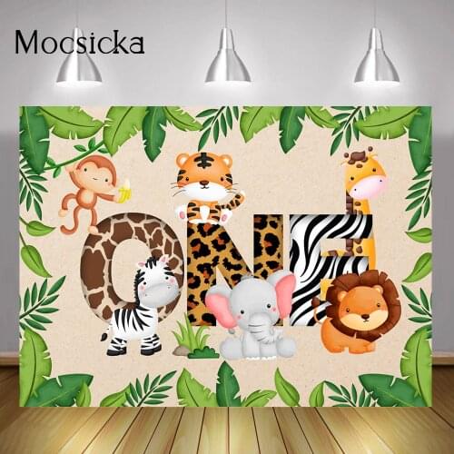 Jungle Animals One Birthday Cake Smash Backdrop Safari Party Wild Newborn Baby Shower Background Woodland Green Leaf Photography