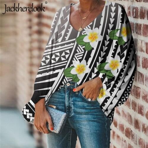 Jackherelook Polynesian Tattoo Hibiscus Plumeria Print Autumn V-Neck Chiffon Blouse Ladies Long Sleeve Tops Shirts Plus Size