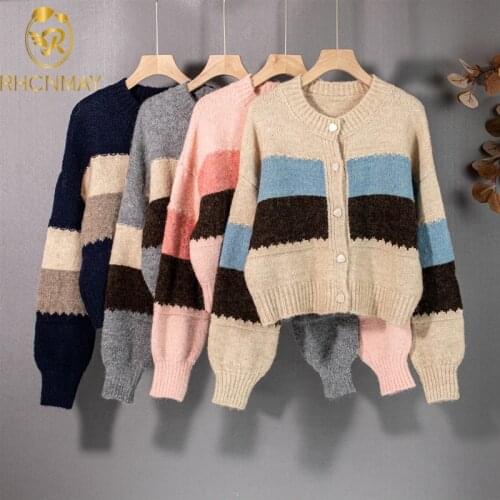 2021 Autumn Women Knitted Sweaters Female Fashion Loose Patchwork Cardigans Korean Elegant Lady Casual All-Match Tops