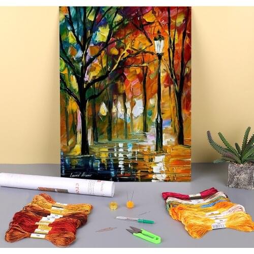 Oil Painting Style Park Printed Canvas 11CT Cross-Stitch Patterns Embroidery DMC Threads Hobby Handicraft Knitting