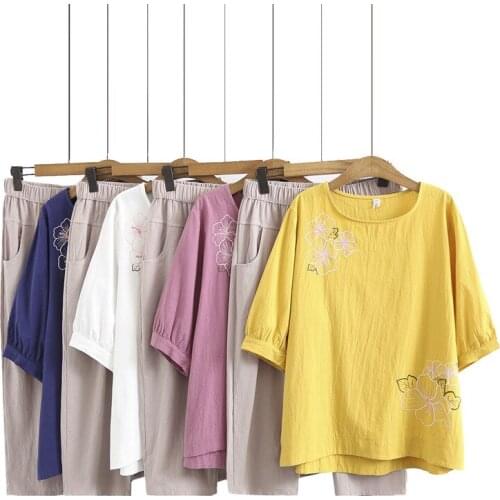 Summer Women Sets Clothes 2021 Casual Plus Size T-Shirt + Capri Pants 2 Pieces Cotton Linen Embroidery Camiseta Mujer