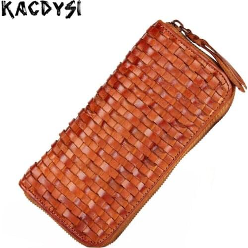 Hand-woven Unisex Wallets Zipper Vintage Trend Men Clutch Purse Vertical Genuine Leather Luxury Women Wallet Card Case Carteira