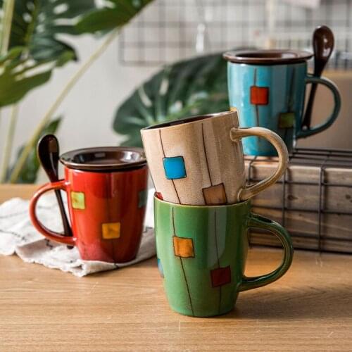 360ml creative ceramic cup retro personality trend mug Japanese simple cup coffee cup household water cup with lid spoon