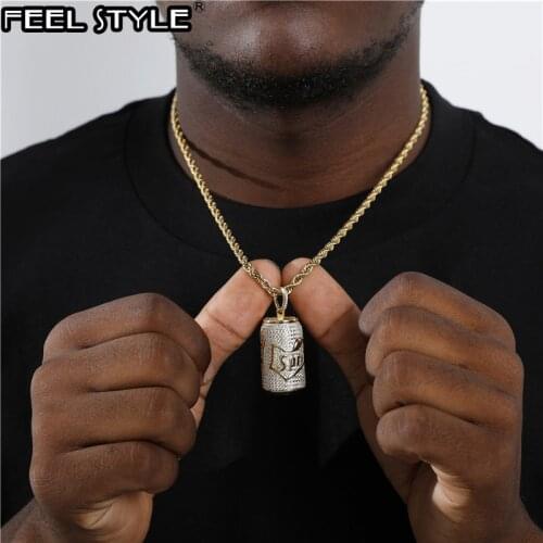 Bling Full Iced Out Cubic Zircon Sprite Bottle Copper Gold Color Pendant & Necklace For Men Women Hip Hop Jewelry