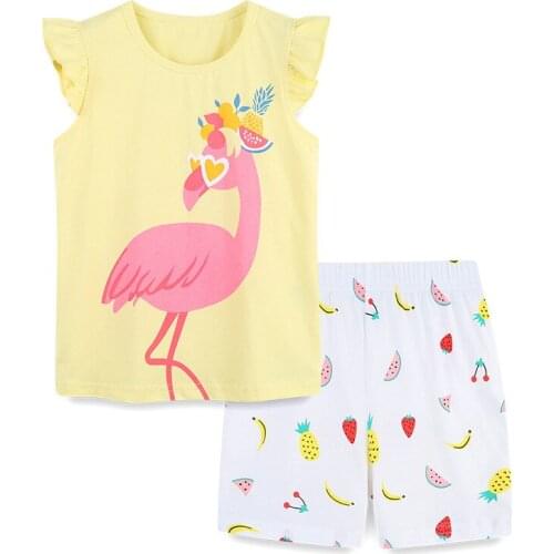 Summer New Toddler Girls Clothes Suits Cotton Cartoon Print 2pcs for Girl 2-8 Y Fly Sleeve Cute T-shirts Print Shorts Kids Sets