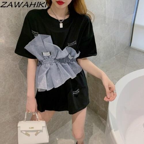 ZAWAHIKI Korean Ins Fashion T-Shirts Women Summer 2021 O Neck Short Sleeve Gauze Patchwork Loose Tops Sexy Hot Girl Ropa Mujer