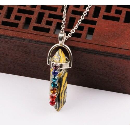 Natural Stone Agates Charms Women Jewelry Choker Hexagonal Column Seven Chakra Energy Stones Pendant Chain New Necklace Handmade