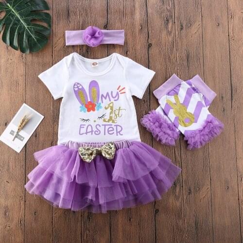 Pudcoco Newborn Baby Girl Clothes Easter Rabiit Short Sleeve Romper Tops Tutu Tulle Skirt Headband Leg Warmers 4Pcs Outfits Set