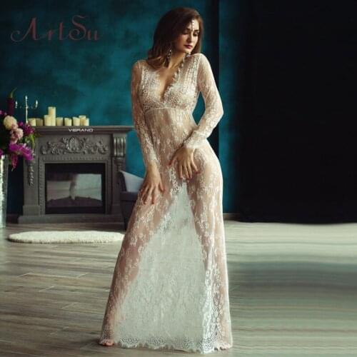 Sexy Lace Maxi Dress Deep V-neck Long-Sleeve Elastic Waist Seethrough Mesh Lace Slim Long Dress