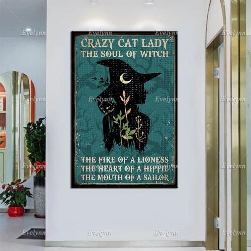 Witch Girl And Cat Lovers CrazyCat Lady The Soul Of Witch The Fire Of A Lioness Retro Poster Halloween Home Decor Prints Canvas