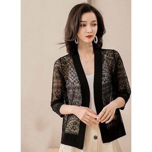 Knitted Cardigan Sweater Women Summer Thin Sun Protection Shirt Crochet Hollow V-Neck Fashion Female Knitwear Coat Outwear