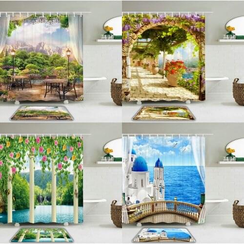 Flowers arch Bridge landscape Shower Curtain Set Rural Sunny Bath Screen Printed Waterproof Bathroom Curtains Non-Slip Mat Rug