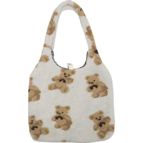 Women Canvas Tote Purse Lamb Like Fabric Shoulder Bag Bear Embroider Crossbody Handbag Casual Shopper Bag Cute For Girl