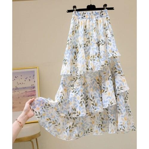 Women Skirt summer Bohemian Style Asymmetrical Ruffles Mid Calf Length Skirt Fashionable Leisure Loose Elastic Belt Floral Skirt