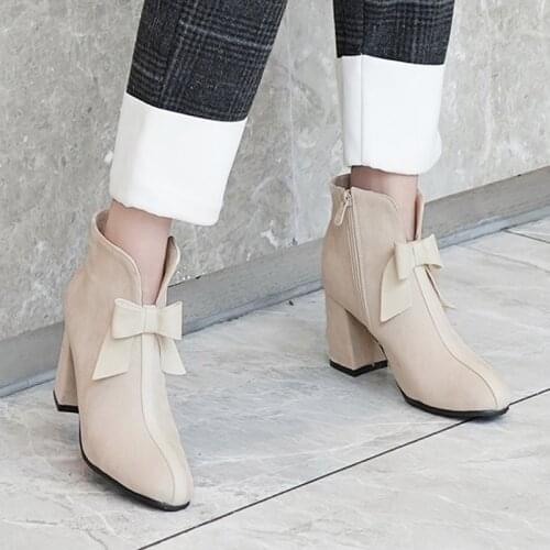 Women Zipper Boots Fashion Patchwork Thick High Heels Bow Ankle Boots Comfortable Round Toe Autumn Winter ShoesBeige boots women