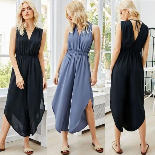 Women Summer Sexy Solid Jumpsuits Boho Sleeveless Long Overalls Rompers Female Beach Loose Jumpsuit 2021 Playsuit Femal Vestidos