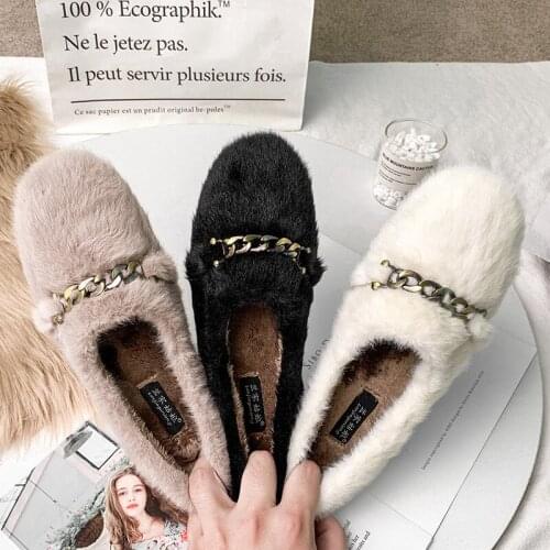 Metal chains decoration mink fur flats women round toe anti-slip plush winter flat shoes outdoor fur footwera big size 43 NS120