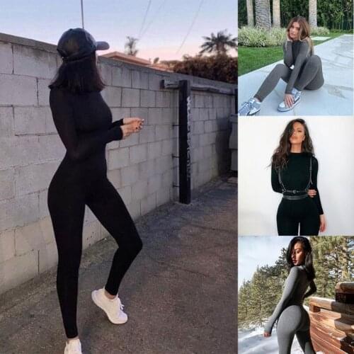 Women Autumn Sexy Long Sleeve Jumpsuit O-Neck Solid Color Full Length Rompers Bodycon High Waist Sportwear Fitness Playsuit Trac