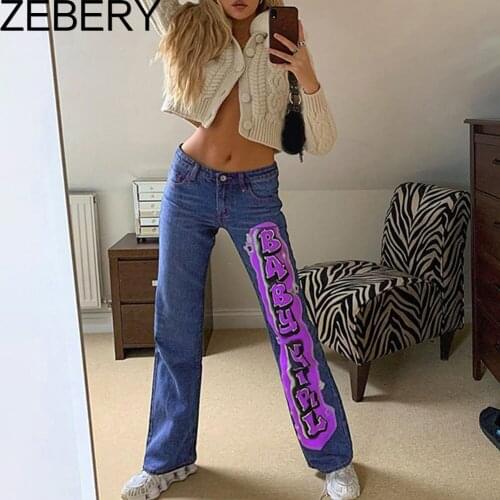 ZEBERY Vintage Letter Print Y2K Straight Jeans Women Harajuku Streetwear Retro Mom Jeans Denim High Waist Aesthetic Pants