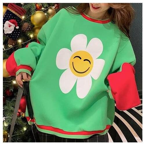 Stitching Color Harajuku Cartoon Print Pullover WomenS Winter Korean Style Ins Casual Loose Long-Sleeved Oversized Sweatshirt