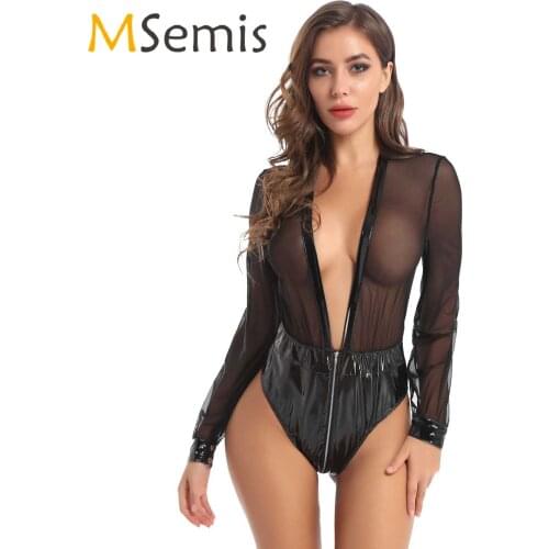 Womens One-piece Bodysuit Sheer Mesh and Wet Look Leather Patchwork Plunging Deep V Neck Double-ended Zipper Leotard Bodysuit