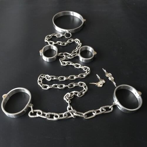 BDSM Bondage Stainless Steel Metal Handcuffs Ankle Cuffs Neck Collar with Chain Slave Set Adult Game Sex Toys For Men Women
