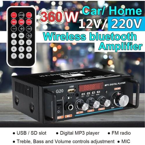 12V 220V 360W G20 Wireless Bluetooth Sound Amplifier HiFi Subwoofer Home Theater Amplificador Audio Car Radio Amplifiers EU Plug
