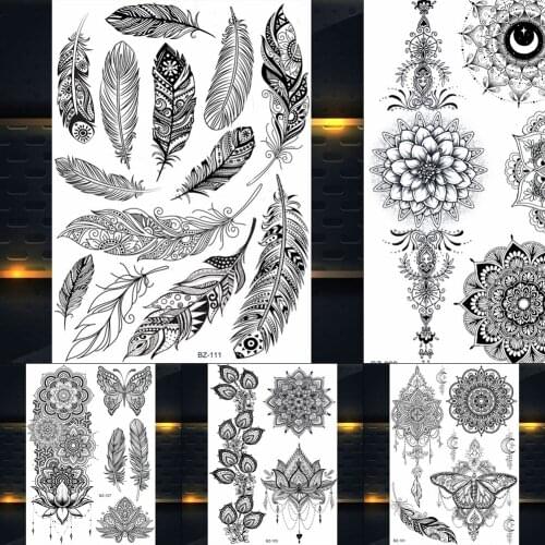 REJASKI Butterfly Feather Black Henna Temporary Tattoos Sticker Fake Tattoo For Women Flower Lace Custom Tatoos Body Art Arm