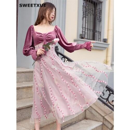 SWEETXUE Elegant Sexy Square Collar Purple Velvet Stitching Embroidered Sequins Butterfly Autumn Mesh Chic Party Dresses Female