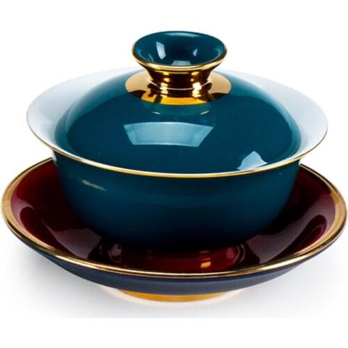 Porcelain Big Tea Bowl Tureen Wedding Red Gaiwan Gold Line Ceramic Tea Drinkware For Home Decor