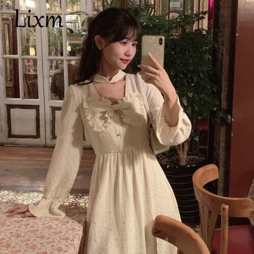 French Fairy Dress Lolita Autumn Japanese Soft Girl Cute Bow Ruffled Dress Missy Retro Victorian Medieval Princess Dress