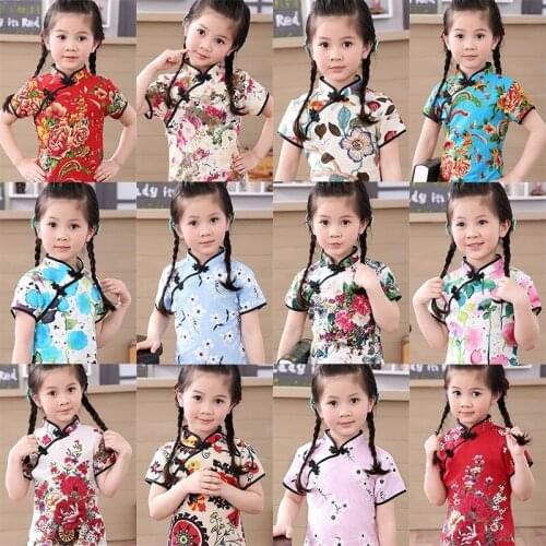 Cotton Girl Dress Floral Kids Baby Girls Qipao Short Sleeve Chinese Cheongsam Spring Autumn Girls Clothes Hot 2019 New