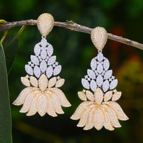 Jimbora Lotus Shape Cubic Zirconia Geometric Party Engagement Dangle Earrings Jewelry For Women