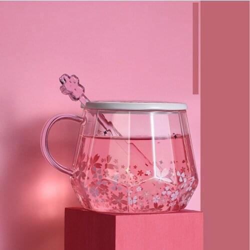 Creative diamond cherry blossom pattern glass cup pink cute female stirring rod cover handle coffee cup ins net red LB62919