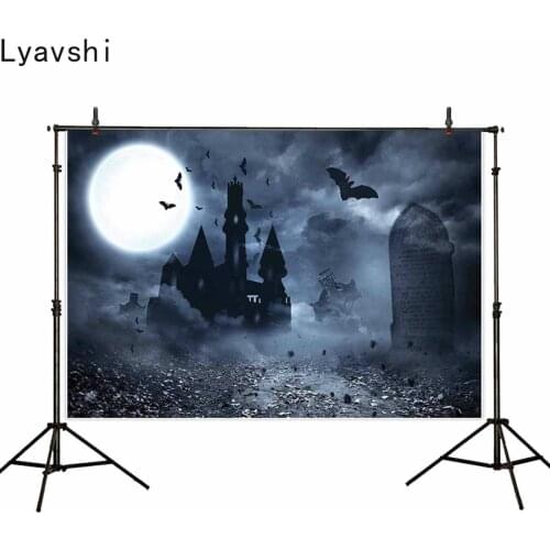 Lyavshi Halloween backdrop for photographic studio Bright fullmoon smog filled dark castle bat tombstone background