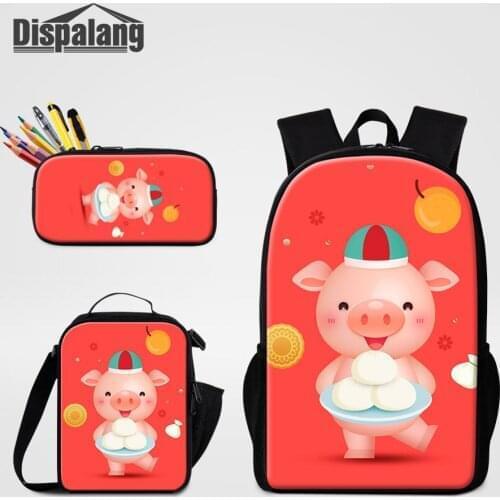 Girls Cute School Backpack 3 PCS Bags Set Cartoon Pig Lunchbox Pencil Case For Student Children Food Bag For School Mochila Pack