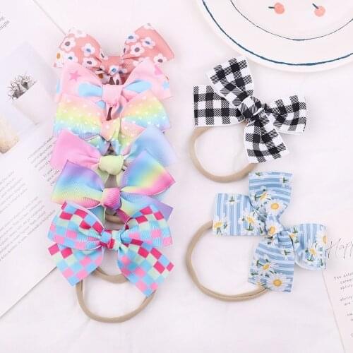 Fashion Cartoon Print Grosgrain Ribbon Bowknot Infant Headband Cute Handmade Bows Elastic Hairband Newborn Headwear Photo Props