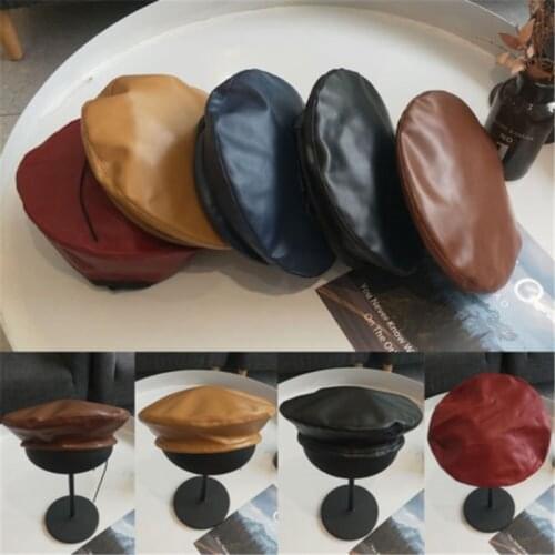 Fashion Women Beret Solid Faux PU Leather Beret French Artist Warm Beanie Hat Classic Style