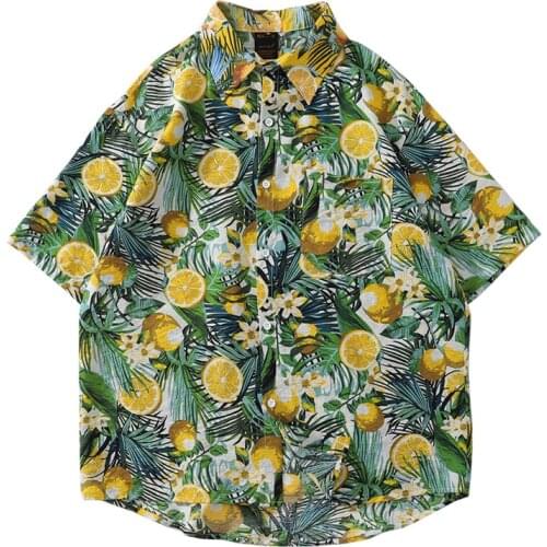 2020 New Arrival Top Fashion Cotton Casual Shirts Collar Open Stitch Men Shirt Hawaiian Short Sleeve Fruit Print Lapel Summer