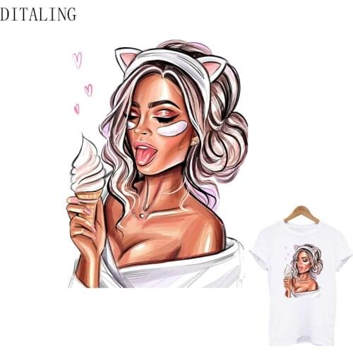 Sexy Girl Patch On Clothes Heat Transfer Sticker For Hoodie T-Shirt Ice Cream Girl DIY Washable Iron Print Clothing Accessories