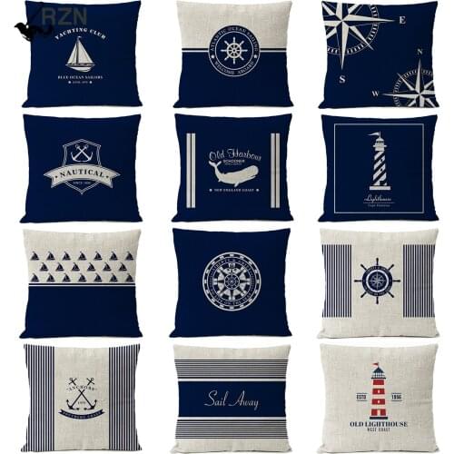 Navigation Blue Compass Anchor Pillow Cover Nautical Shell Fish Linen Pillow Case Home Decorative Mediterranean cushion cover