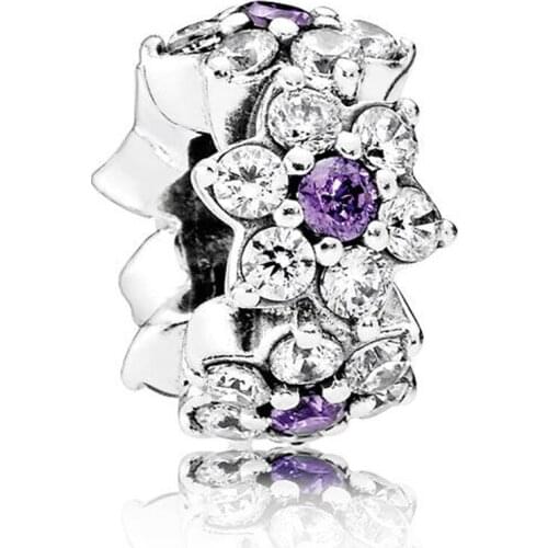 Forget Me Not Spacer for Women Bracelets Bangle Lady Bead Charm Purple & Clear CZ S925 Silver DIY Jewelry