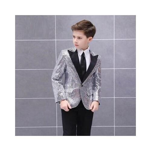 Latest Designs Prom Party Boys Suits Shiny Stage Performance Boy Tuxedo Kid Wedding Suit Silver Jacket with Pants set 2 piece