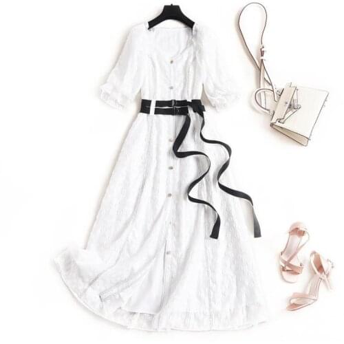 New European and American womens dresses for spring 2020 Five-minute sleeve V neck Fashion embroidered single breasted dress
