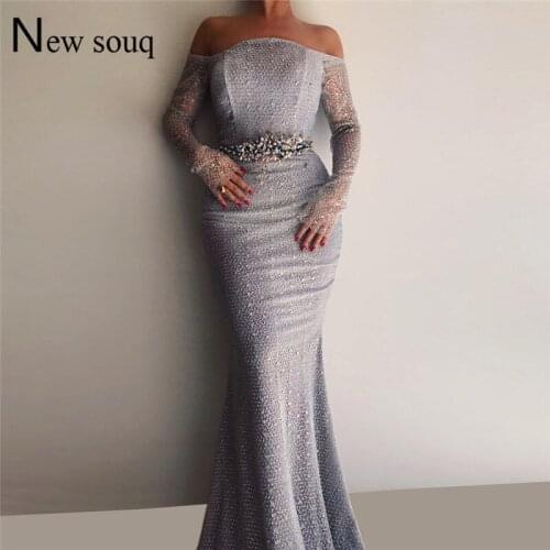 Slim Beaded Evening Dresses Arabic Dubai Off The Shoulder Party Dress Mermaid With Long Sleeves Prom Gowns Vestido De Festa 2019