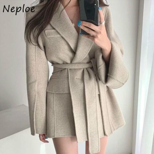 Neploe Solid Color One-button Fake Pocket Tops Chic Split Long Sleeves Straight Femme Jacket Drawstring Slim Waist Coat Women