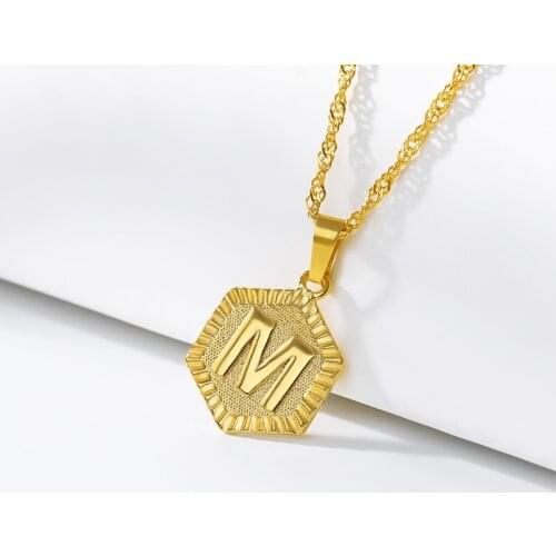Wholesale Initial Letter Hexagon Pendant Necklace Gold Silver Color Water Wave Chain Necklaces Chokers For Women Jewelry