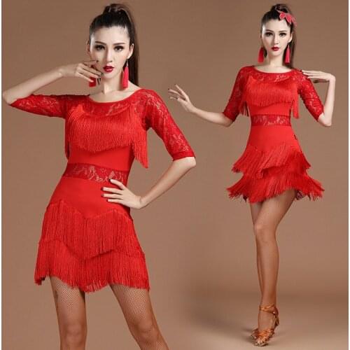 2020 Latin Half Sleeve Dance Dresses Women/Girls Sexy Fringe Skirt Ballroom/Tango/Salsa/Rumba/Latin Dresses Clothes For Sale