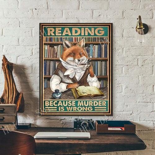 Books Poster - Reading Because Murder Is Wrong, Fox Art Print, Fox Drinks Coffee Wall Art, Love Reading Print, Best Gifts Ever